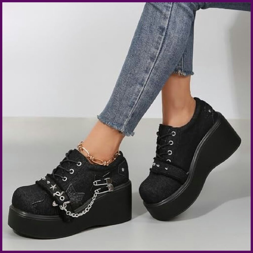 Denim Wedge Platform Ankle Boots Lace Up Chain Gothic Punk Party - Picture 8 of 8